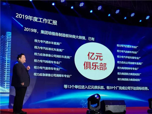 程力汽車集團總經(jīng)理程阿羅向大會作主題演講報告，并全面部署2020年工作計劃。 程力集團公司總經(jīng)理向年會報告2019年工作完成情況，以及2020年主要工作任務和集團“四五”規(guī)劃及長遠規(guī)劃的有關情況。 他講到，剛剛過去的2019年，程力公司面臨國內(nèi)外汽車市場低迷的不利形勢，集團廣大干部職工團結(jié)一心，發(fā)揚頑強拼搏、銳意進取的精神，用汗水詮釋責任，實干篤定前行，使集團公司的生產(chǎn)經(jīng)營實現(xiàn)了逆勢上揚。程力專汽全年產(chǎn)值突破60億元，同比增長20%，出口創(chuàng)匯3050萬美元，上交稅金6468萬元，底盤銷售突破2萬臺